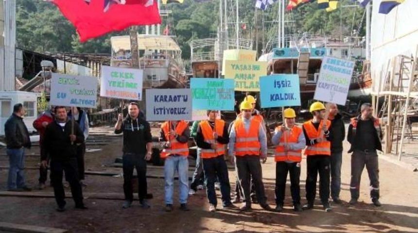 FETHİYE'DE TERSANE &Ccedil;ALIŞMALARI DURDURULDU, &Ccedil;ALIŞANLAR EYLEM YAPTI