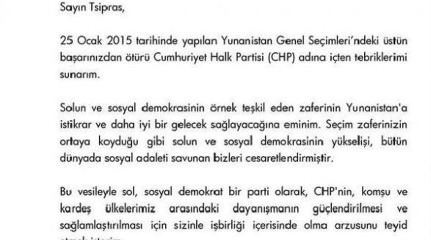 Kılı&ccedil;daroğlu, Yunanistan Başbakanı Alexis Tsipras'ı Mektupla Kutladı