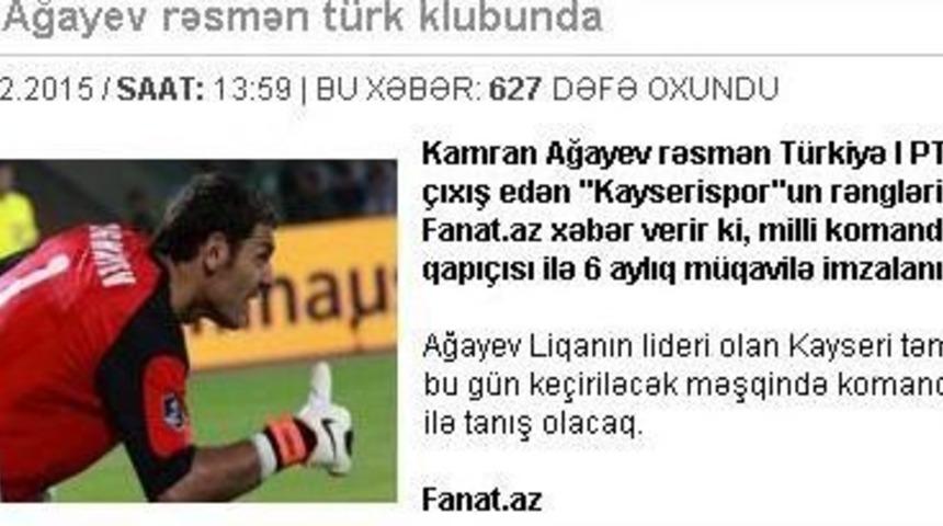 Kaleci Agayev Transferi Azeri Basınında Geniş Yer Buldu