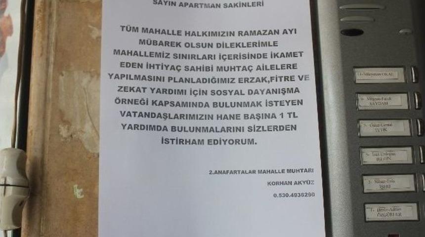 Muhtardan &lsquo;hane Başına 1 Tl&rsquo; Projesi