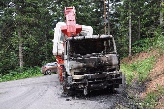 Artvin’de Maden Sahasına Konteyner Götürürken Yolda Arızalanan Kamyon Yakıldı