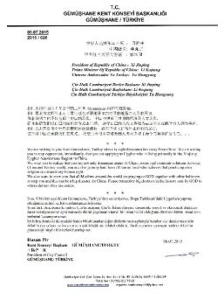 Gümüşhane Kent Konseyi’nden Çin Devlet Yetkililerine Çince, İngilizce Ve Türkçe Mektup