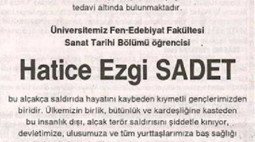 Rekt&ouml;rden Ezgi Sadet I&ccedil;in Başsağlığı Ilanı