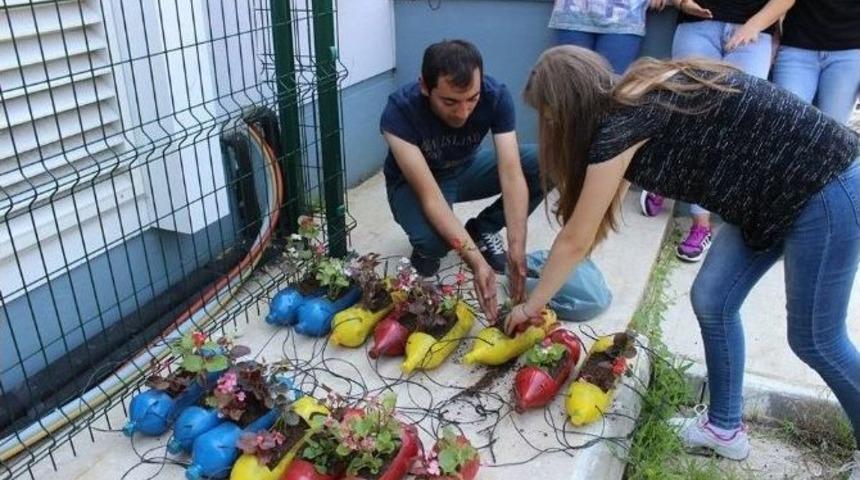 Atık Pet Şişelerden Çiçek Saksısı Yaptılar