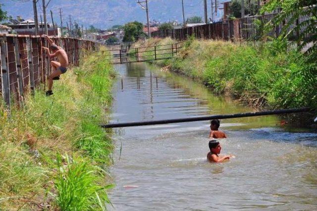 Tehlikeye Rağmen Onlarca Çocuk Sulama Kanalına Giriyor