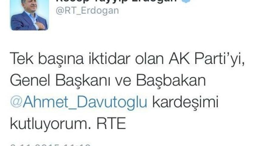 Cumhurbaşkanı Erdoğan&rsquo;dan Başbakan Davutoğlu&rsquo;na Tebrik Tweeti