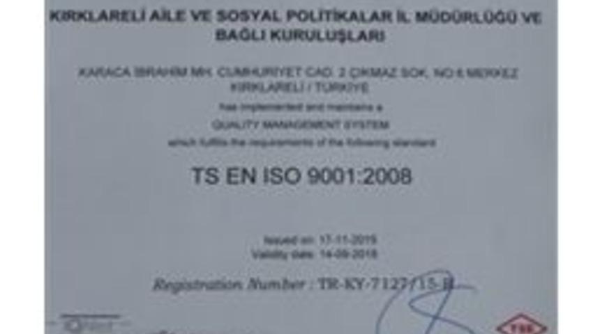 Aile Ve Sosyal Politikalar Kırklareli İl M&uuml;d&uuml;rl&uuml;ğ&uuml;&rsquo;n&uuml;n Hizmet Kalitesi Belgelendirildi