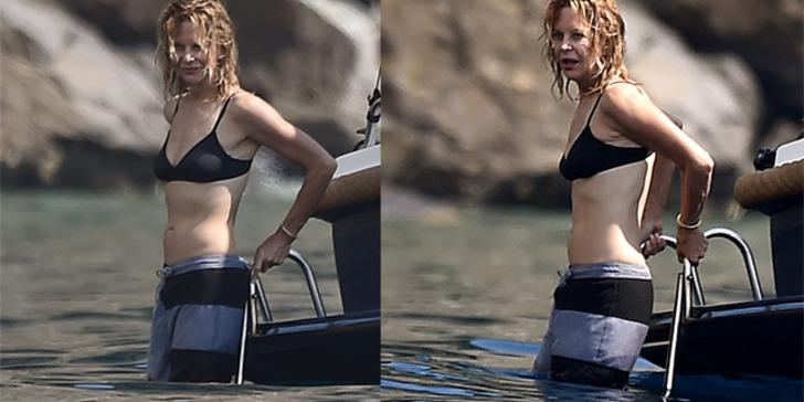 Bir dönemin ünlü yıldızı Meg Ryan denize bikini üstüyle girdi ama şortunu h...