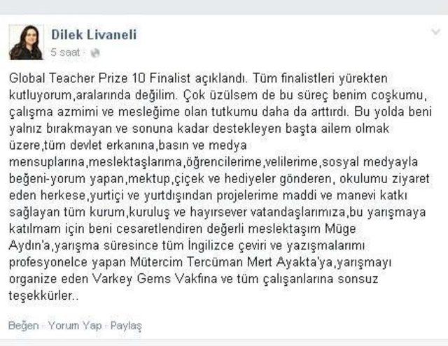 Dünyanın En İyi 50 Öğretmeni Arasında Gösterilen Dilek Öğretmen İlk 10’a Giremedi