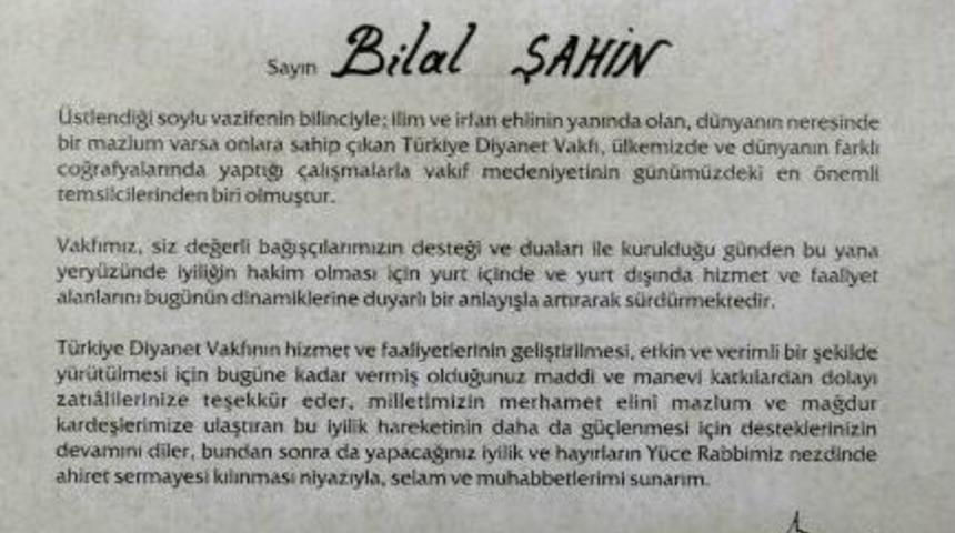 Yozgatlı Hayırsever İş Adamı Bilal Şahin&rsquo;e T&uuml;rkiye Diyanet Vakfından Teşekk&uuml;r Belgesi