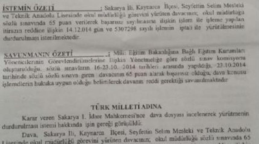 Sakarya'da Okul Müdürü Atamalarındaki Sözlü Sınav Için İdare Mahkemesi Yürütmeyi Durdurma Kararı Verdi