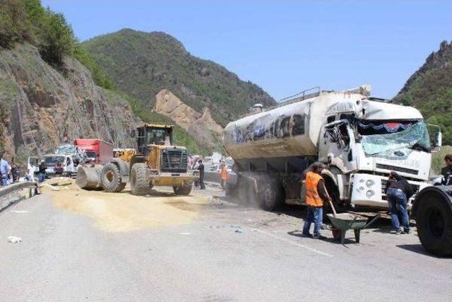 Kaza Yapan Tankerdeki Tonlarca Yem Yola Saçılınca Trafik 2 Saat Durdu