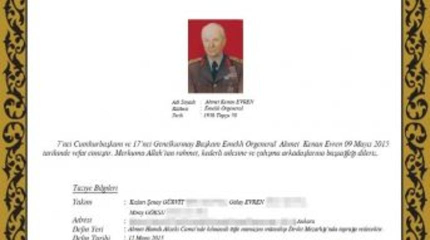 Genelkurmay&rsquo;dan Evren İ&ccedil;in Taziye Mesajı