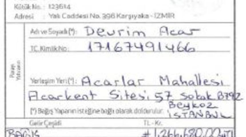 Karşıyaka Erdal Acar'a Bağış Makbuzu Verdi