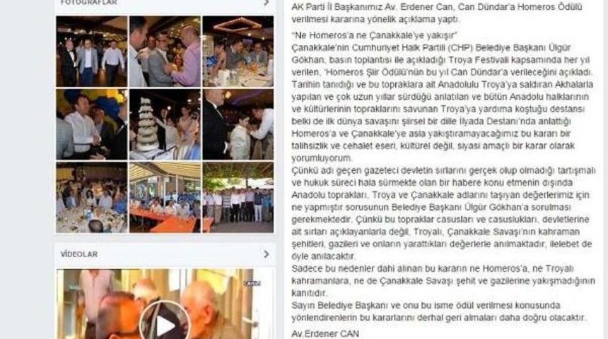 Ak Parti'den Can Dündar'a Homeros Ödülüne Tepki