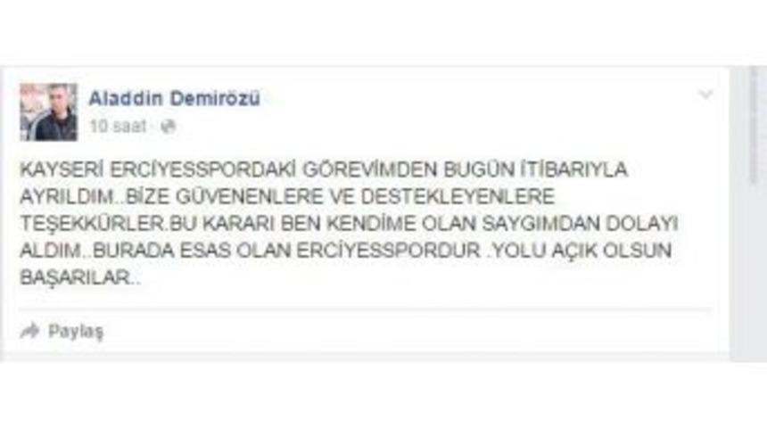 Kayseri Erciyesspor Teknik Direktörü Alaattin Demirözü İstifa Etti