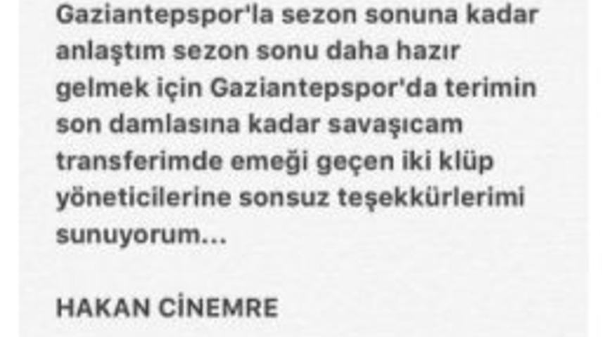 Hakan Çinemre, Gaziantepspor’a Kiralandı