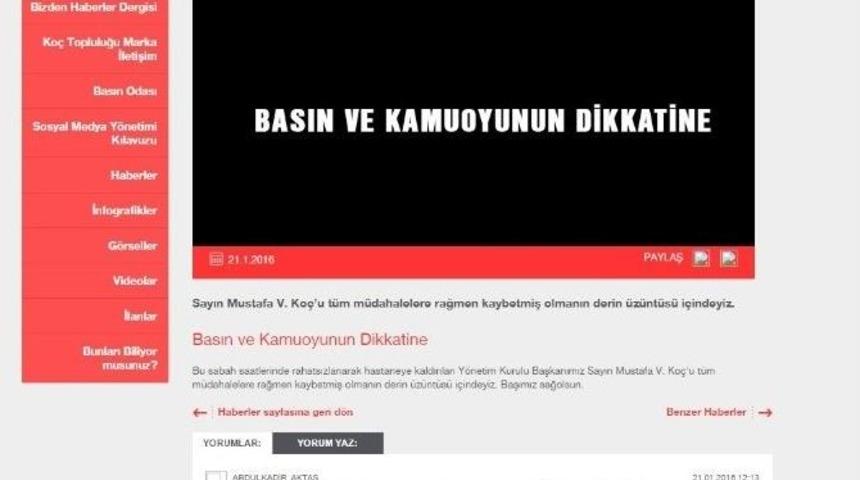 Ko&ccedil; Holding Sosyal Paylaşım Sayfalarını Mustafa Ko&ccedil;&rsquo;un &Ouml;l&uuml;m&uuml; &Uuml;zerine Kararttı
