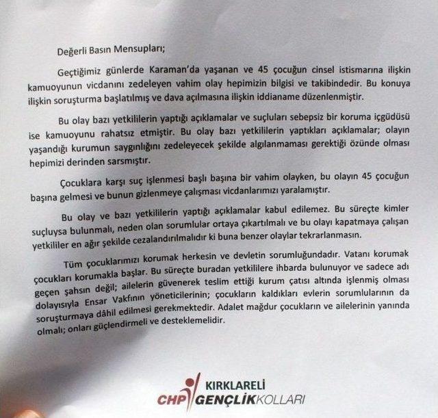 Chp Kırklareli İl Gençlik Kolları, Karaman’daki İstismar İddialarına İlişkin Suç Duyurusunda Bulundu