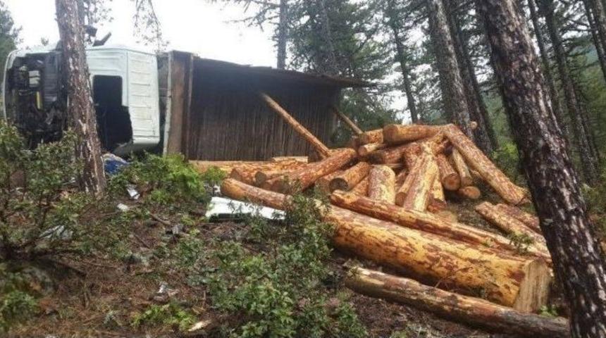 Tomruk Y&uuml;kl&uuml; Kamyon Devrildi: 1 Yaralı