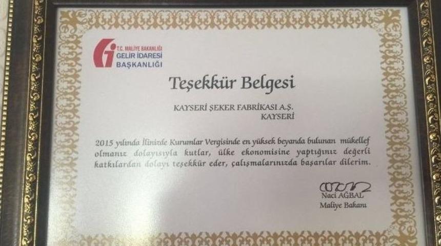 Maliye Bakanından Kayseri Şeker&rsquo;e Teşekk&uuml;r