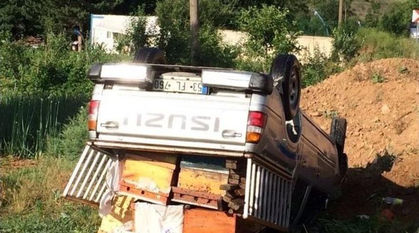 İspir’de Arı Yüklü Kamyonet Devrildi