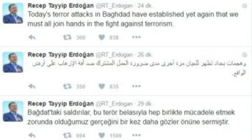 Cumhurbaşkanı Erdoğan&rsquo;ın, Irak&rsquo;ın Başkenti Bağdat&rsquo;taki Bombalı Saldırıya İlişkin Mesajı