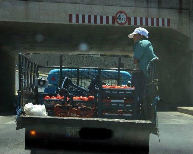 Küçük Çocuğun Domates Yüklü Pikap Kasasında Tehlikeli Yolculuğu