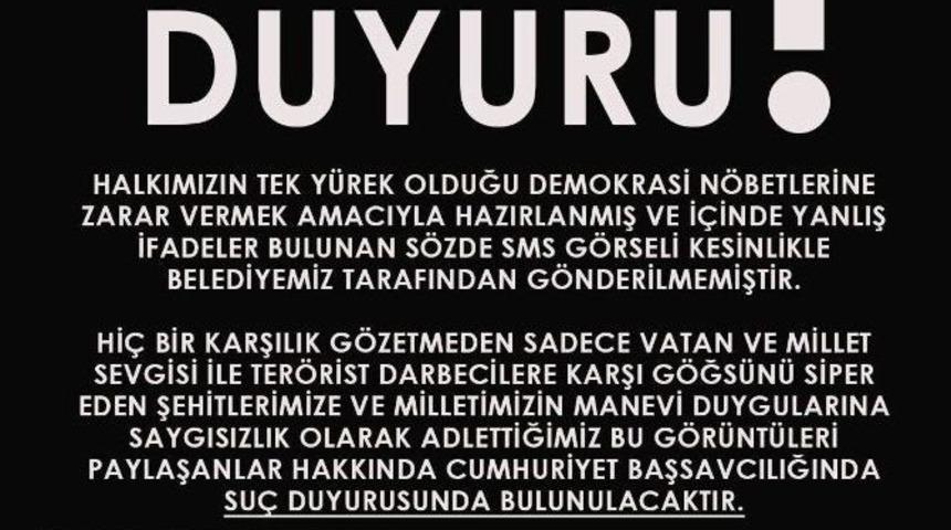 &Ccedil;ekmek&ouml;y Belediyesi&rsquo;nin Adı Kullanılarak Atılan Sms İle İlgili Su&ccedil; Duyurusu