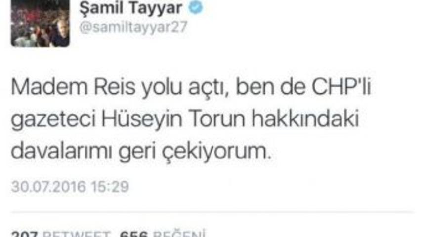 Cumhurbaşkanı Erdoğan&rsquo;dan Sonra Şamil Tayyar Da Davaları Geri &Ccedil;ektiğini A&ccedil;ıkladı