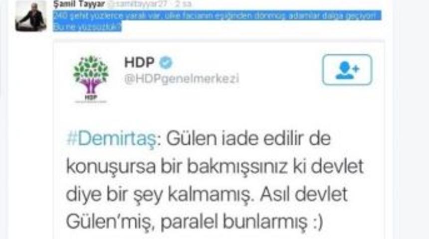 Selahattin Demirtaş&rsquo;ın &rsquo;g&uuml;len&rsquo; Twitine Şamil Tayyar&rsquo;dan &rsquo;y&uuml;zs&uuml;zl&uuml;k&rsquo; Cevabı