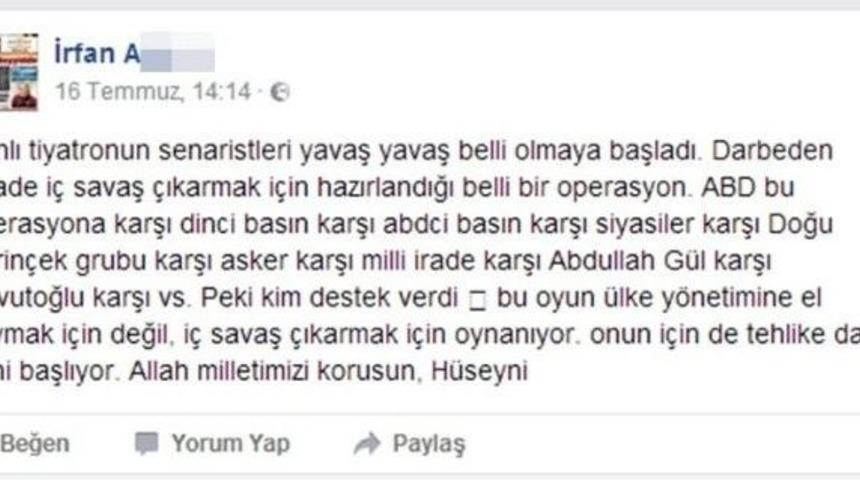 Darbe Gecesi Sevin&ccedil; Paylaşımları Yapan Kişi Hakkında Su&ccedil; Duyurusu