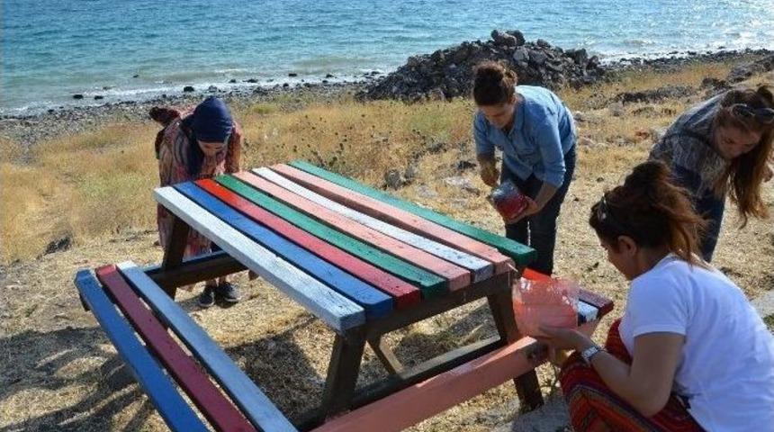 Erciş&rsquo;te Banklar G&ouml;kkuşağı Rengine Boyandı