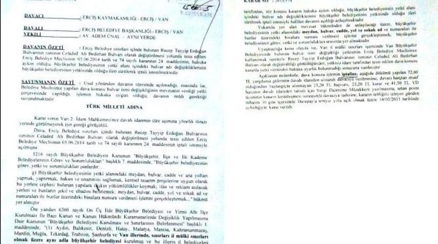 Van 2. İdare Mahkemesinden, Erciş&rsquo;teki Park, Cadde Ve Bulvar İsimlerinin Değiştirilmesi Kararına İptal