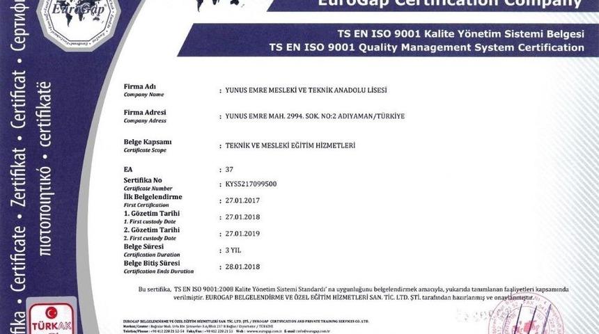 Adıyaman&rsquo;ın Iso 9001 Ve Ohsas 18001 Belgeli İlk Lisesi Belli Oldu