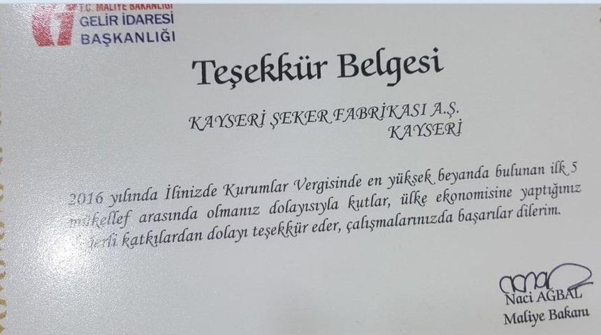 Kayseri Şeker, Kurumlar Vergisinde 2016 Yılında Da Vergi Rekortmeni Oldu
