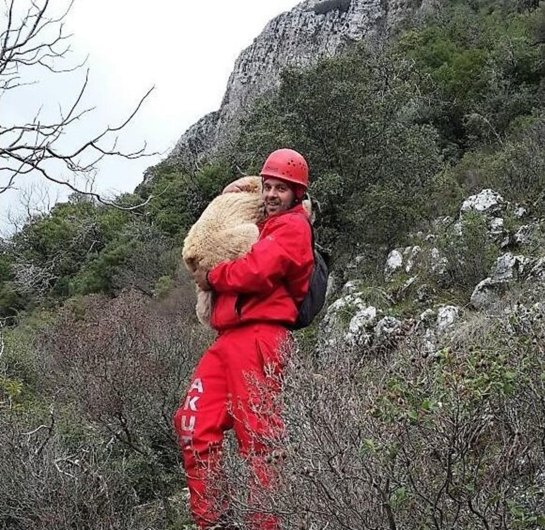 600 Metre Y&uuml;kseklikteki U&ccedil;urumdan Kurtardıkları Yaralı Kangalı Sırtlarında Taşıdılar