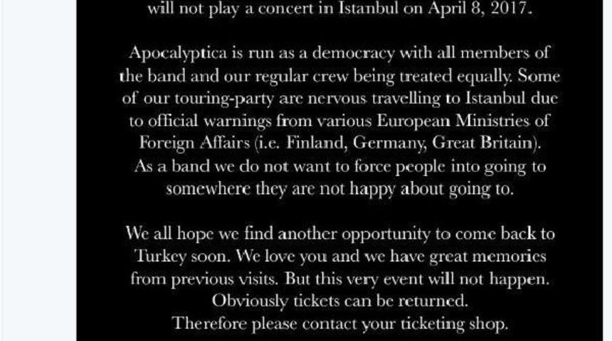 Apocalyptica, T&uuml;rkiye Konserini Iptal Etti