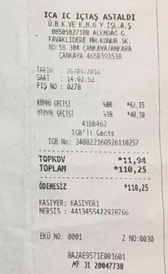 Köprü Geçişini Iki Kez Ödedi, 1212 Lira Ceza Makbuzu Geldi