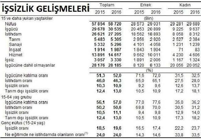 İşsizlik 2016 Yılında 0.6 Puan Artışla Yüzde 10.9'a Çıktı