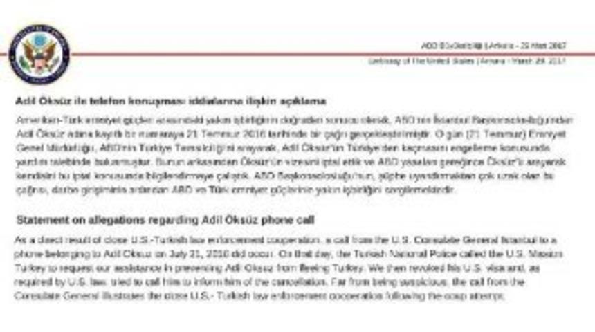 Abd'den Adil &Ouml;ks&uuml;z A&ccedil;ıklaması: &Ouml;ks&uuml;z'&uuml;n Vizesini Iptal Ettik, Kendisini Bilgilendirmeye &Ccedil;alıştık