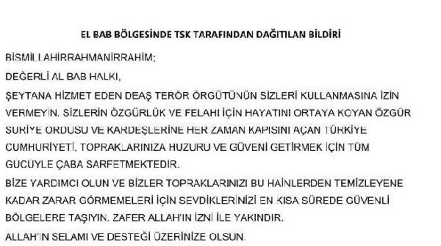 Tsk U&ccedil;aklardan El Bab B&ouml;lgesine Bildiri Dağıttı : 'zafer Allah'ın Izni Ile Yakındır'