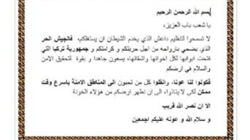 Tsk'dan El Bab'daki Sivil Halka Arap&ccedil;a Bildiri