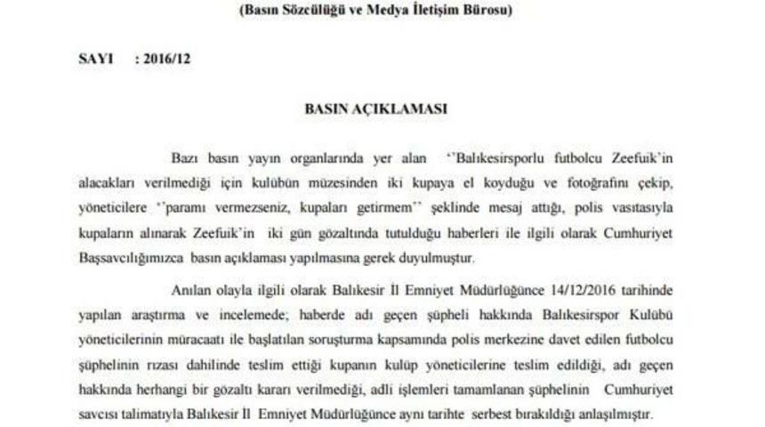 Balıkesirsporlu Zeefuik I&ccedil;in Savcılıktan A&ccedil;ıklama