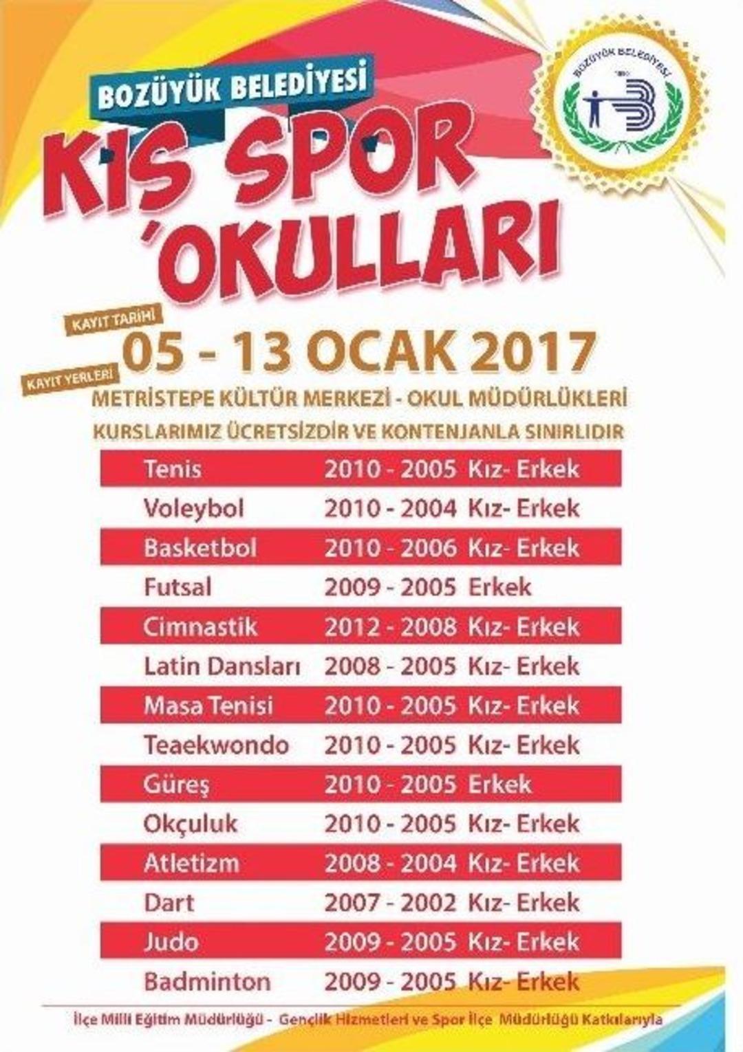 Boz&uuml;y&uuml;k Belediyesi&rsquo;nin &Uuml;cretsiz Kış Spor Okulları Kayıtları Başladı