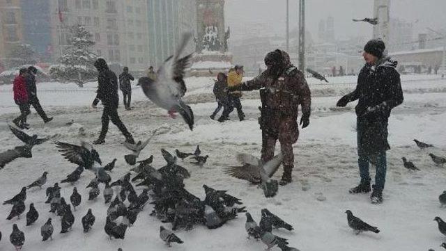 Taksim'de Polis  Kuşlara Yem Attı