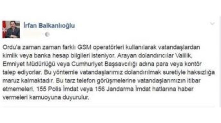 Vali Balkanlıoğlu&rsquo;ndan &lsquo;dolandırıcılık&rsquo; Uyarısı