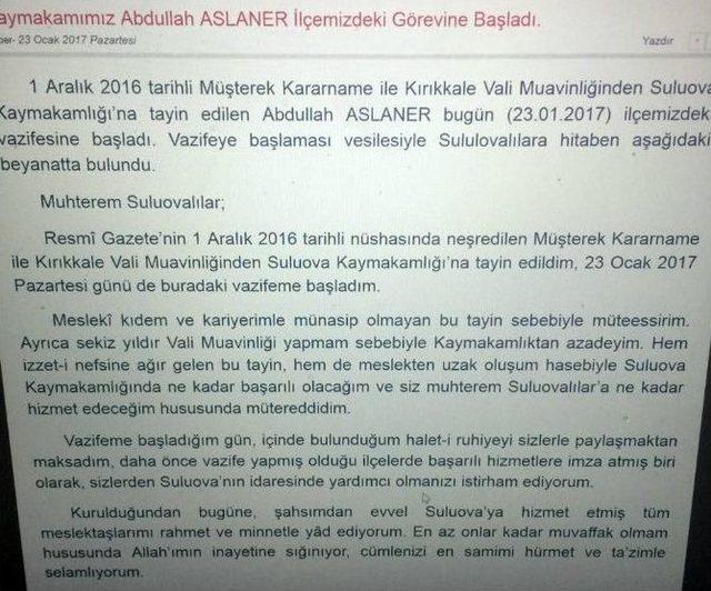 Vali Yardımcılığından Kaymakamlığa Atanınca Bu Açıklamayı Yaptı