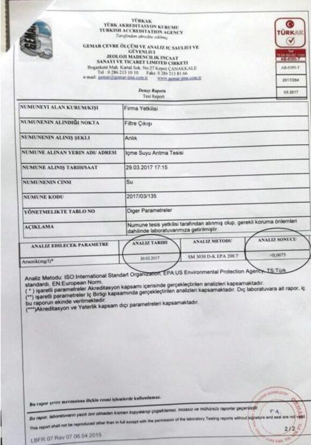 Lapseki İ&ccedil;me Suyunda Arsenik Yok 1