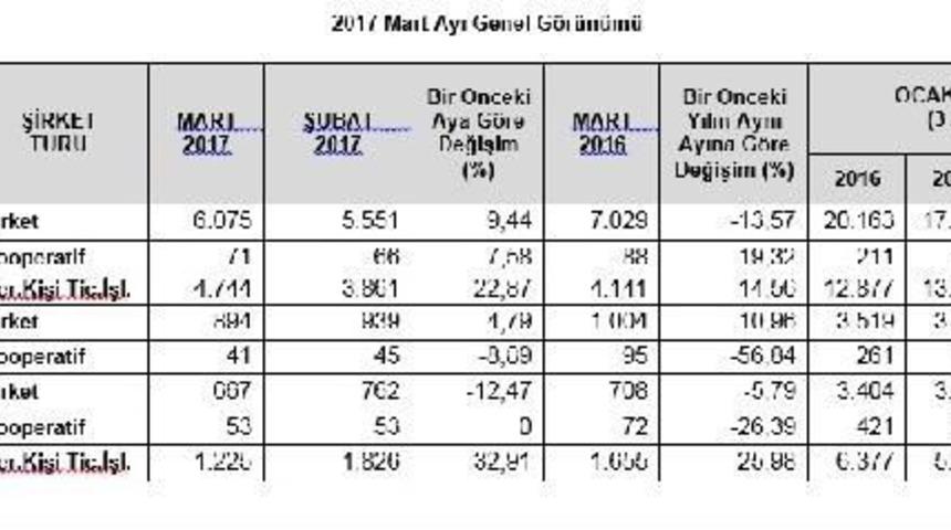 Yeni Kurulan Şirketler Mart'ta Y&uuml;zde 9.44 Arttı